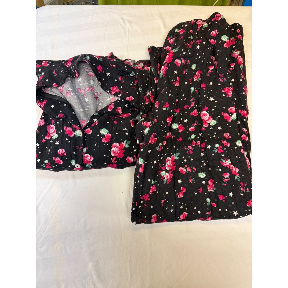 Victorias Secret Pajama Set Large Black Floral Star Print Button Down 2 Piece L